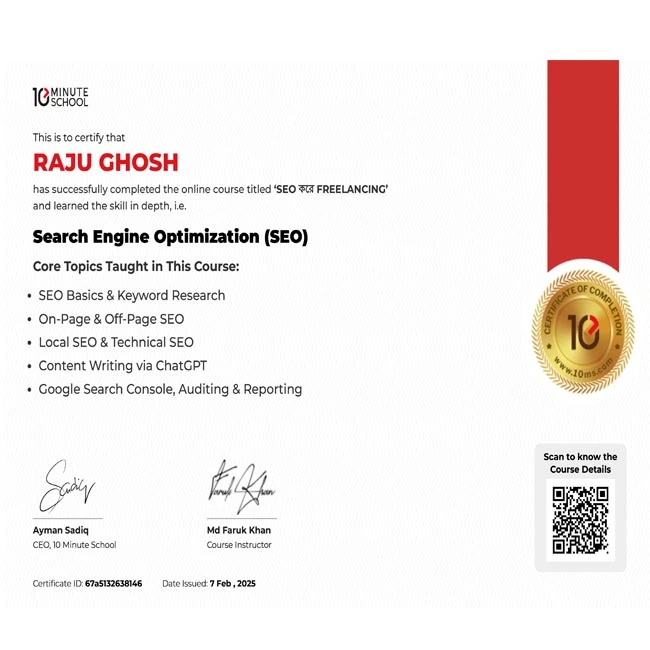 advance seo Certification of Raju Ghosh by mdfarukkhan 10minuteschool